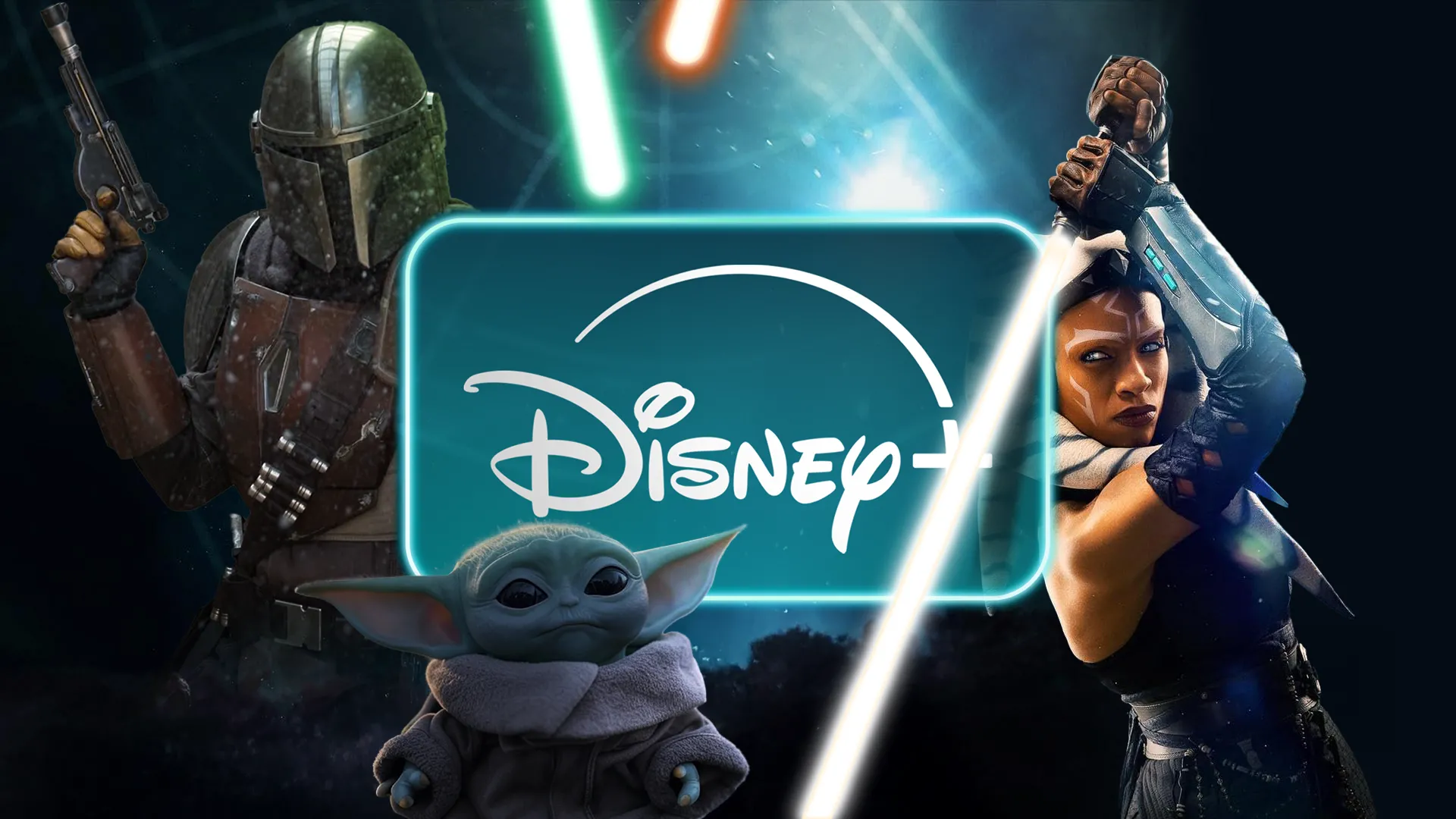 Logo Disney Plus cùng nhân vật The Mandalorian, Baby Yoda và Ahsoka Tano, tượng trưng cho sự đa dạng nội dung giải trí Disney
