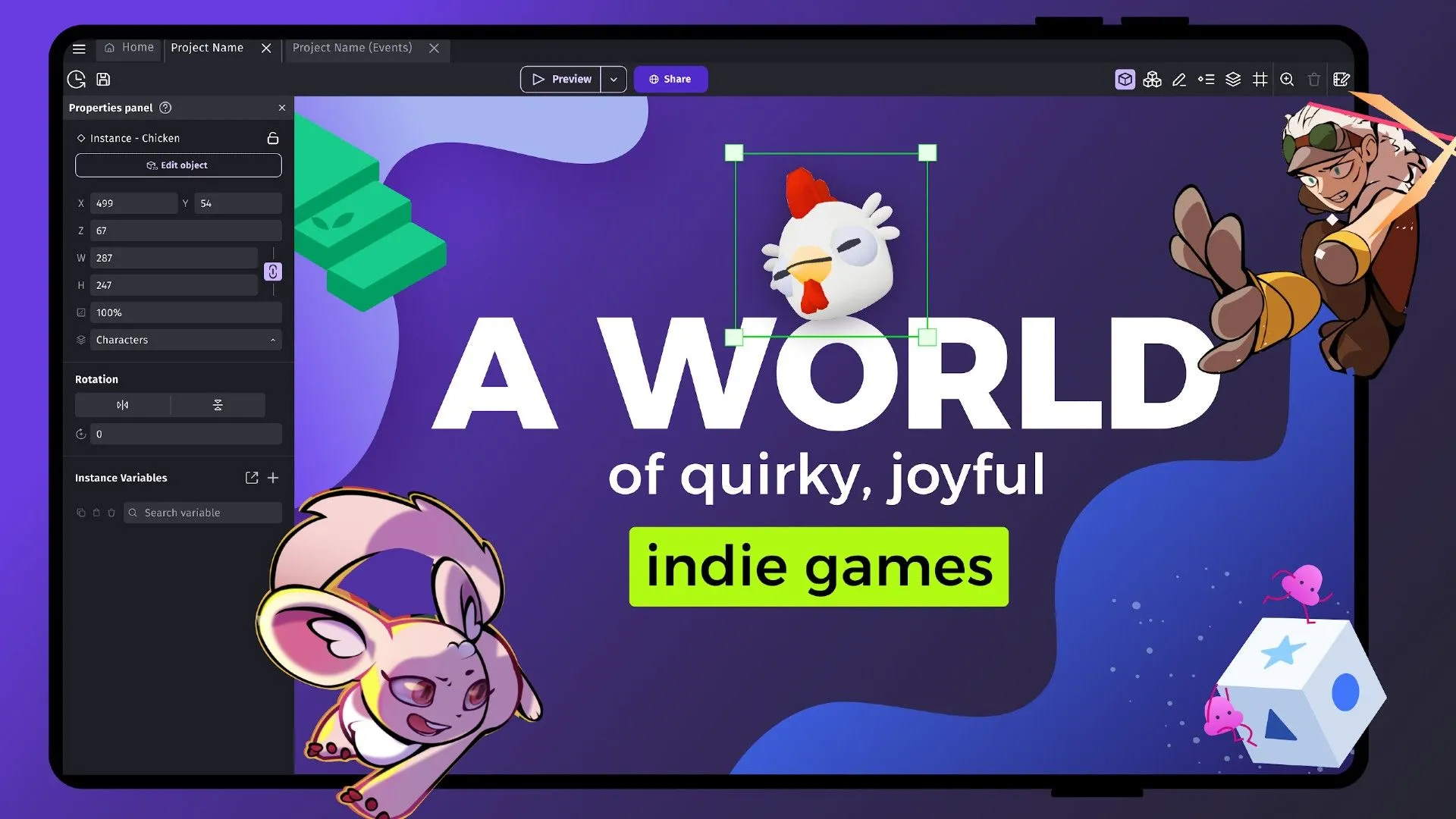 Logo GDevelop trên màn hình, với hình ảnh người và động vật, biểu trưng cho khả năng tạo game 2D và 3D dễ dàng.