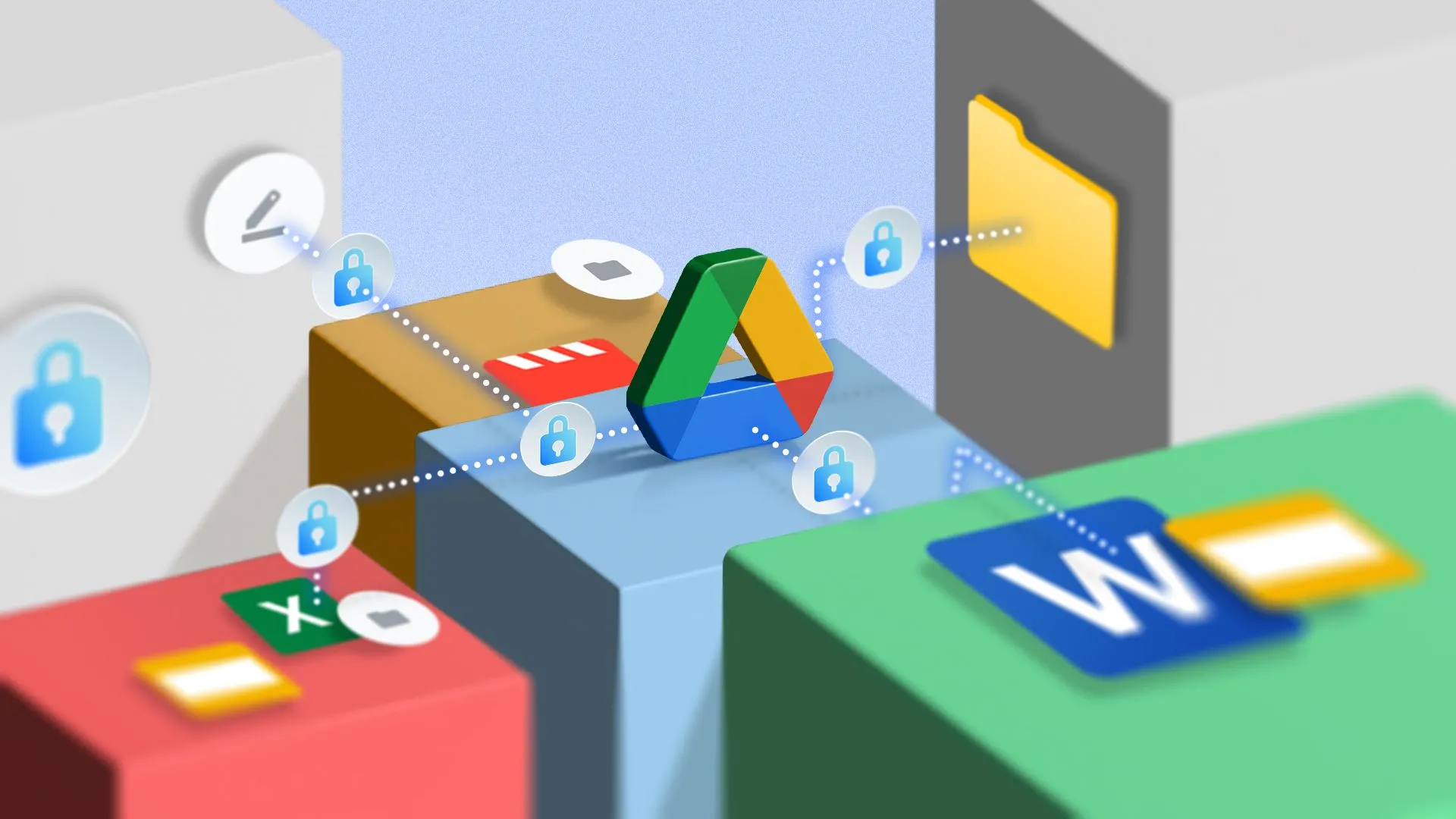 Logo Google Drive cùng các tệp Google và nhiều ổ khóa, tượng trưng cho sự an toàn và truy cập không gián đoạn của lưu trữ đám mây chuyên nghiệp.