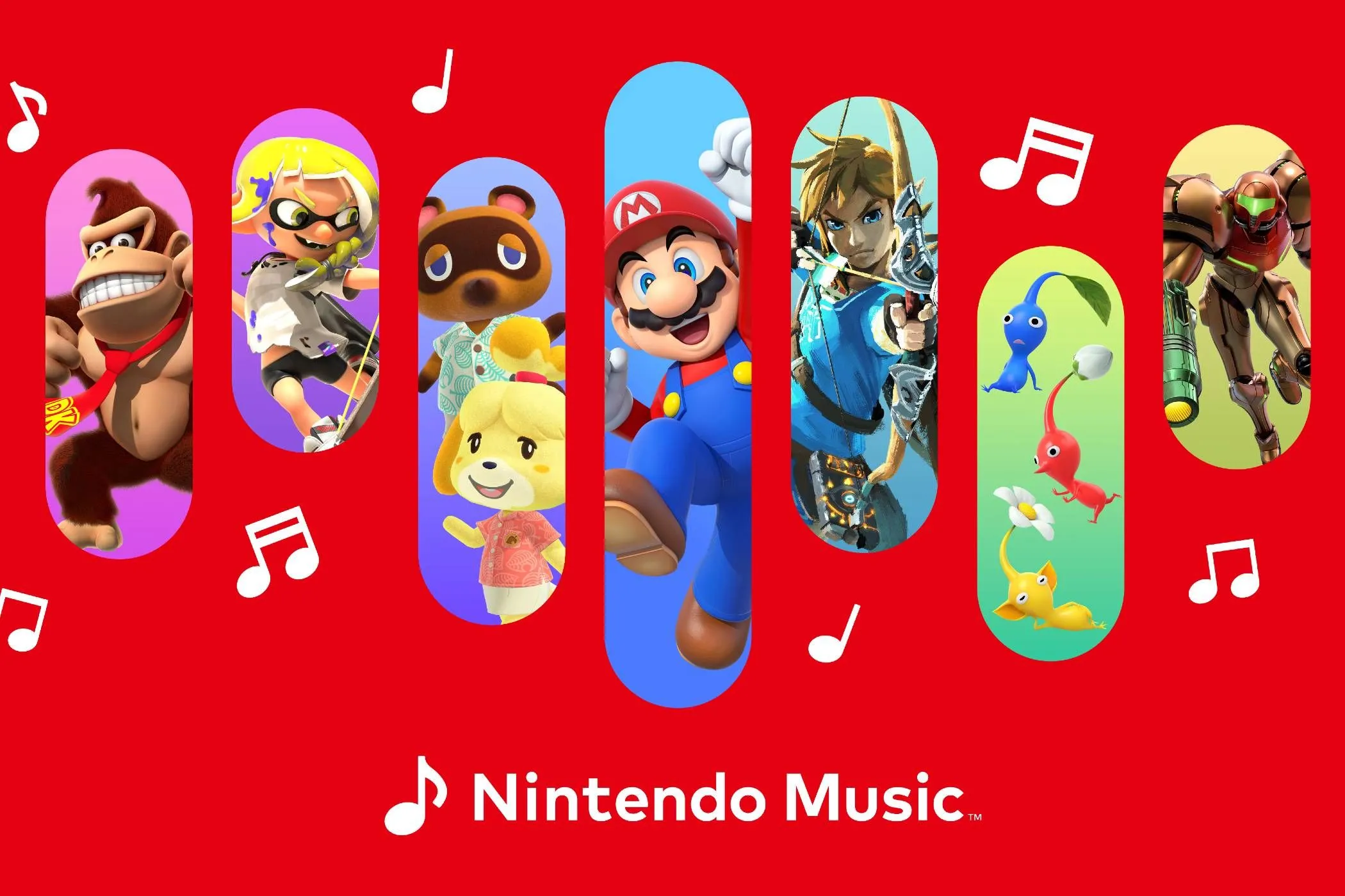 Logo Nintendo Music cùng các nhân vật game nổi tiếng của Nintendo