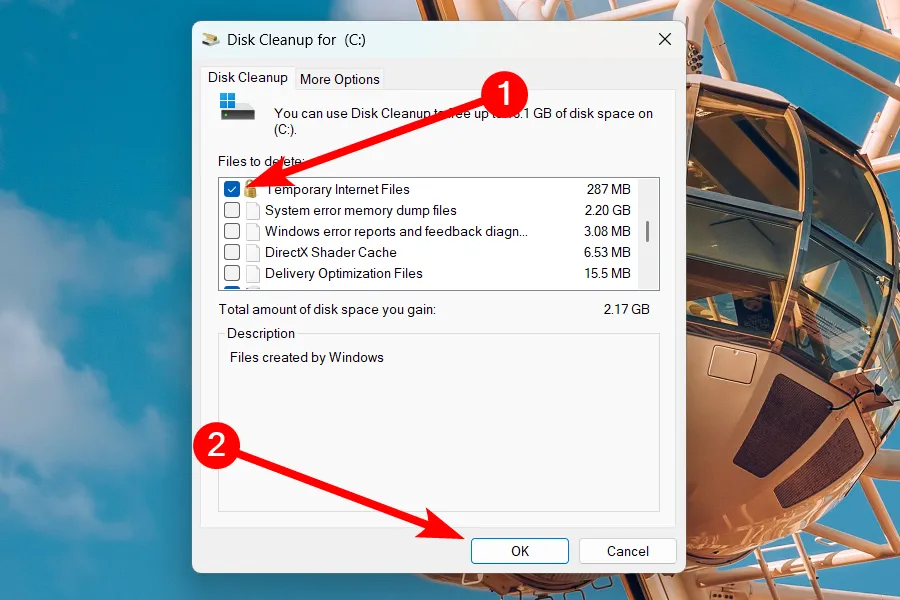 Lựa chọn các loại tệp tin không cần thiết để xóa trong Disk Cleanup trên Windows 11.