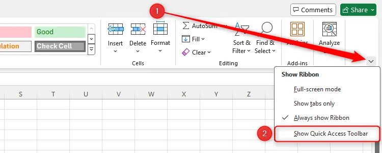 Lựa chọn &quot;Show Quick Access Toolbar&quot; được làm nổi bật trong cài đặt Excel.