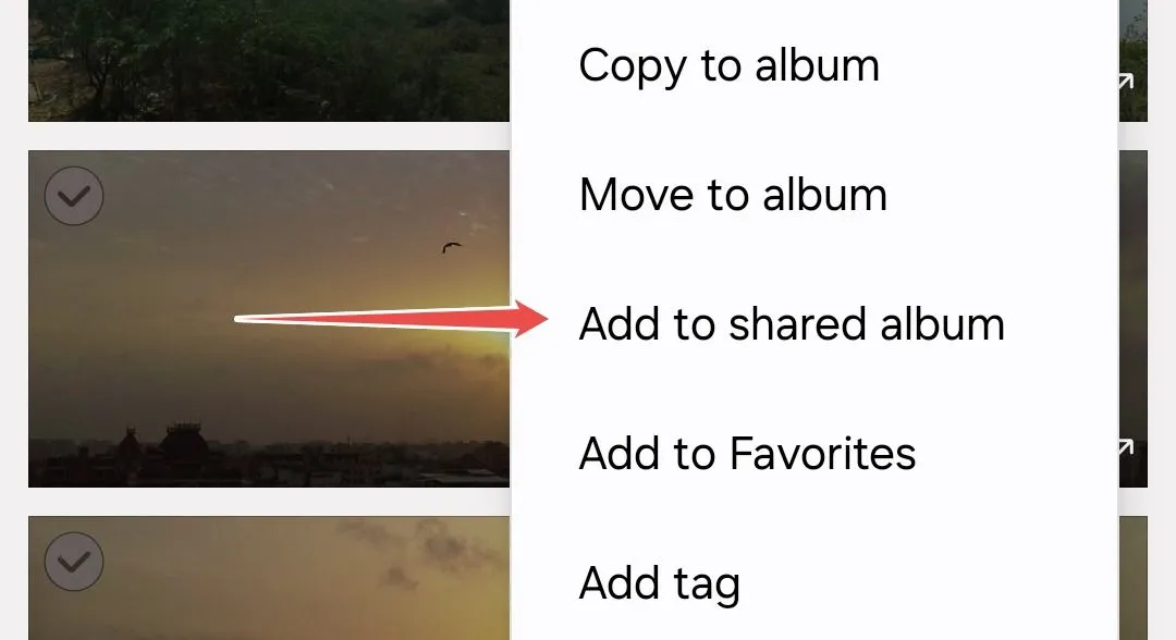 Lựa chọn &quot;Thêm vào album chia sẻ&quot; trong menu tùy chọn ảnh và video của Samsung Gallery