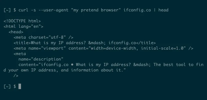 Mã nguồn HTML trả về từ ifconfig.co khi lệnh curl được gửi với User-Agent đã thay đổi
