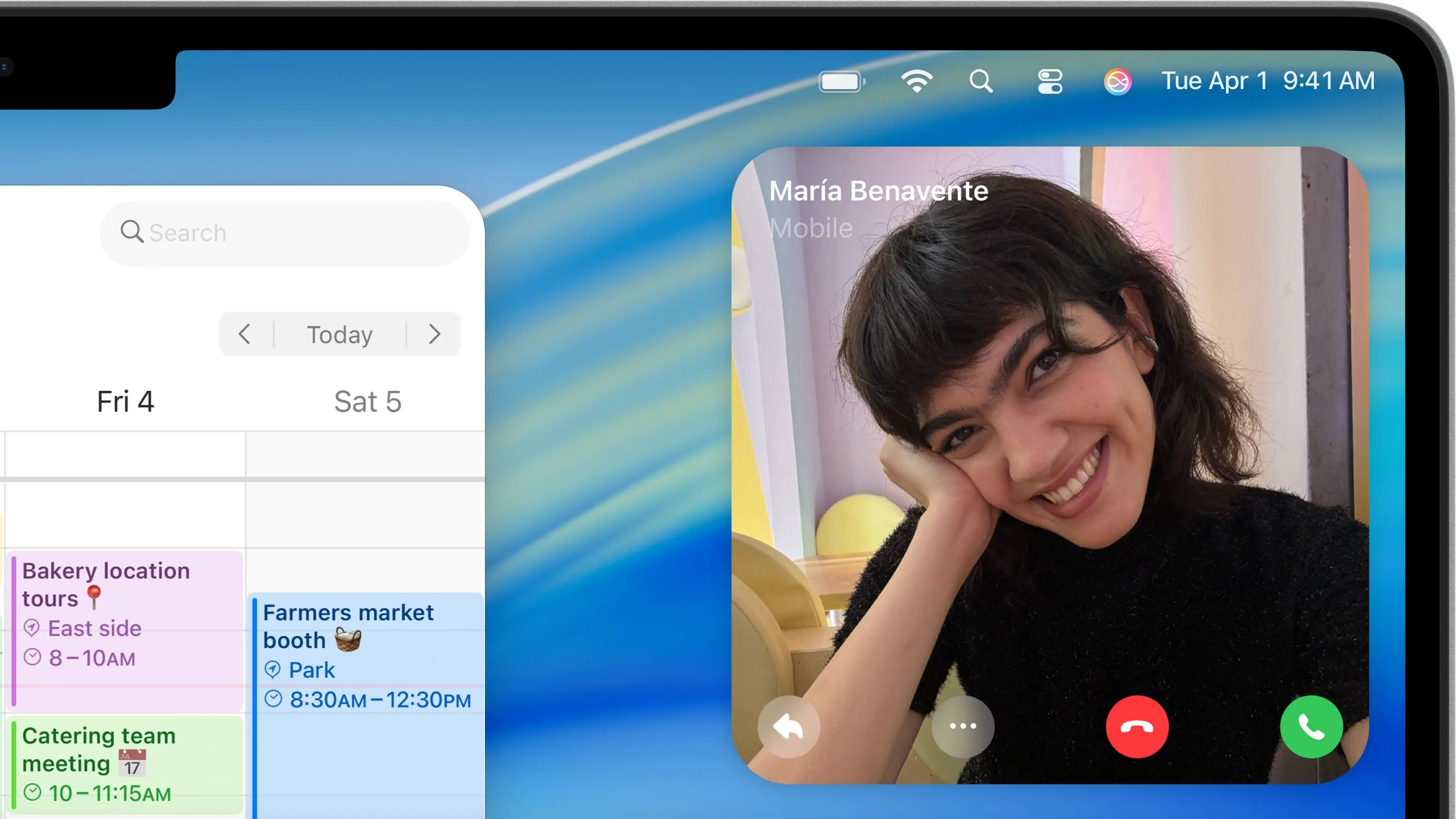 macOS Tahoe hiển thị bản xem trước cuộc gọi video FaceTime đến trên thanh menu.