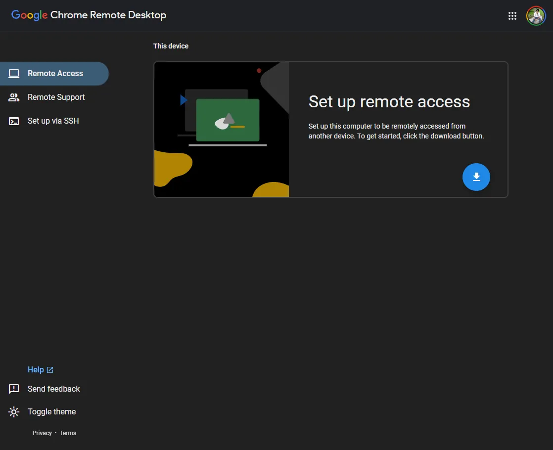 Màn hình cài đặt Chrome Remote Desktop trên trình duyệt Google Chrome, hiển thị tùy chọn tải xuống công cụ thiết lập để truy cập máy tính từ xa
