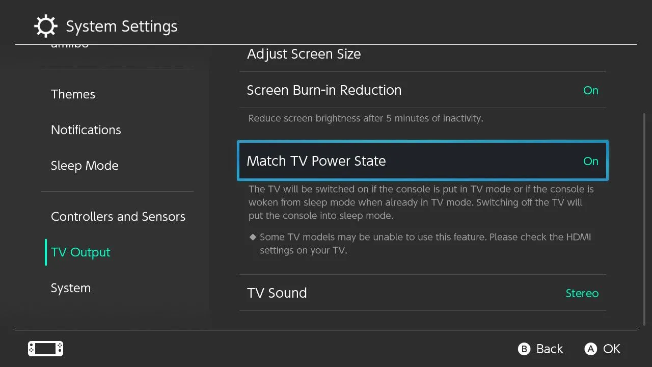 Màn hình cài đặt Match TV Power State trên Nintendo Switch, kích hoạt đồng bộ nguồn với TV.