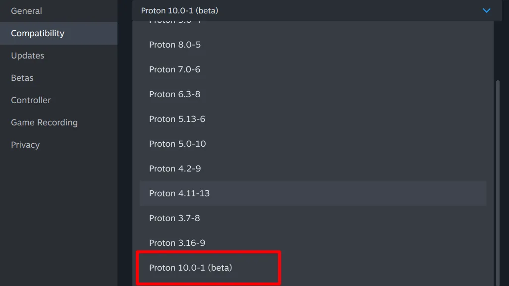 Màn hình cài đặt tương thích game trên Steam, hiển thị danh sách các phiên bản Proton và tùy chọn Proton 10.0-1 (beta) để kích hoạt.