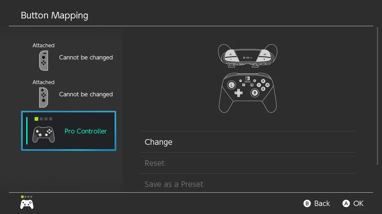 Màn hình cài đặt tùy chỉnh ánh xạ nút (Change Button Mapping) cho các bộ điều khiển Nintendo Switch.