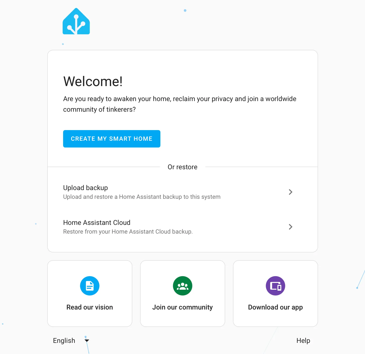 Màn hình chào mừng và nút &quot;Create My Smart Home&quot; trong Home Assistant, sẵn sàng để người dùng bắt đầu cấu hình.