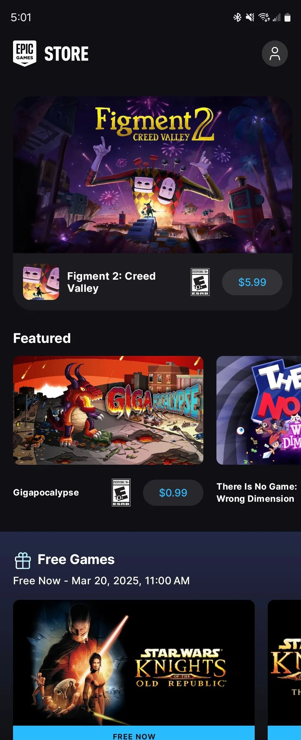 Màn hình chính của Epic Games Store trên Android, hiển thị giao diện ban đầu.