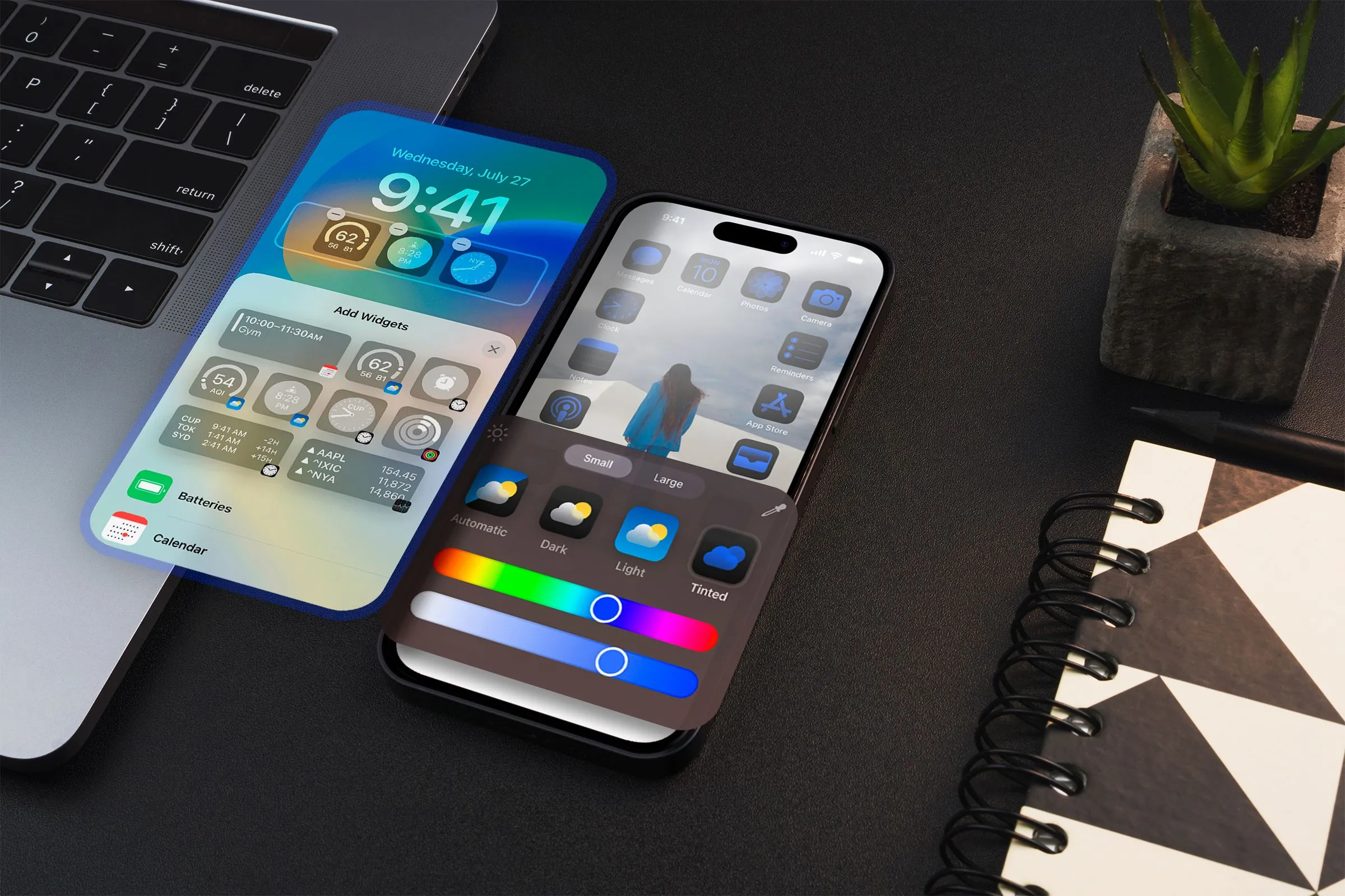 Màn hình chính iPhone được tùy chỉnh trên bàn, hiển thị ít ứng dụng hơn khi ở chế độ Tập trung (Focus Mode) để giảm xao nhãng.