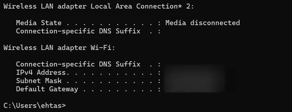 Màn hình Command Prompt hiển thị kết quả lệnh ipconfig với địa chỉ IPv4, cần thiết để kết nối máy chủ không màn hình.