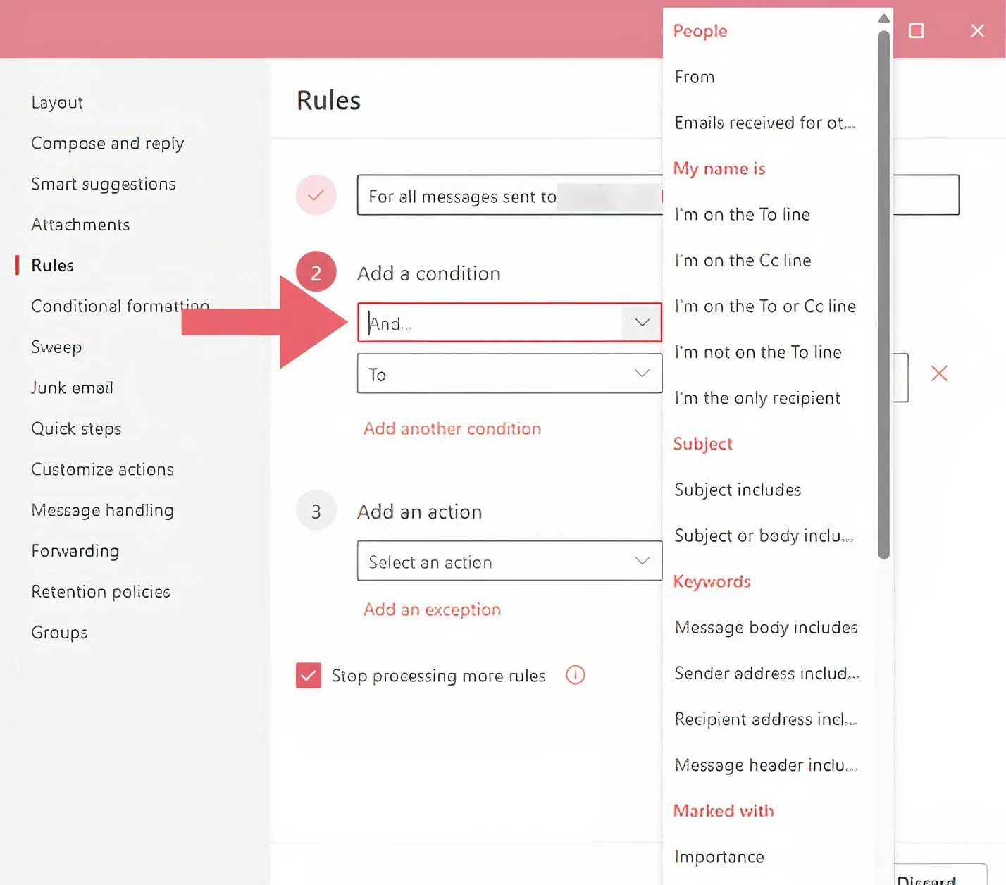 Màn hình đặt tên và cấu hình điều kiện cho Rules trong Outlook, giúp quản lý email dễ dàng.