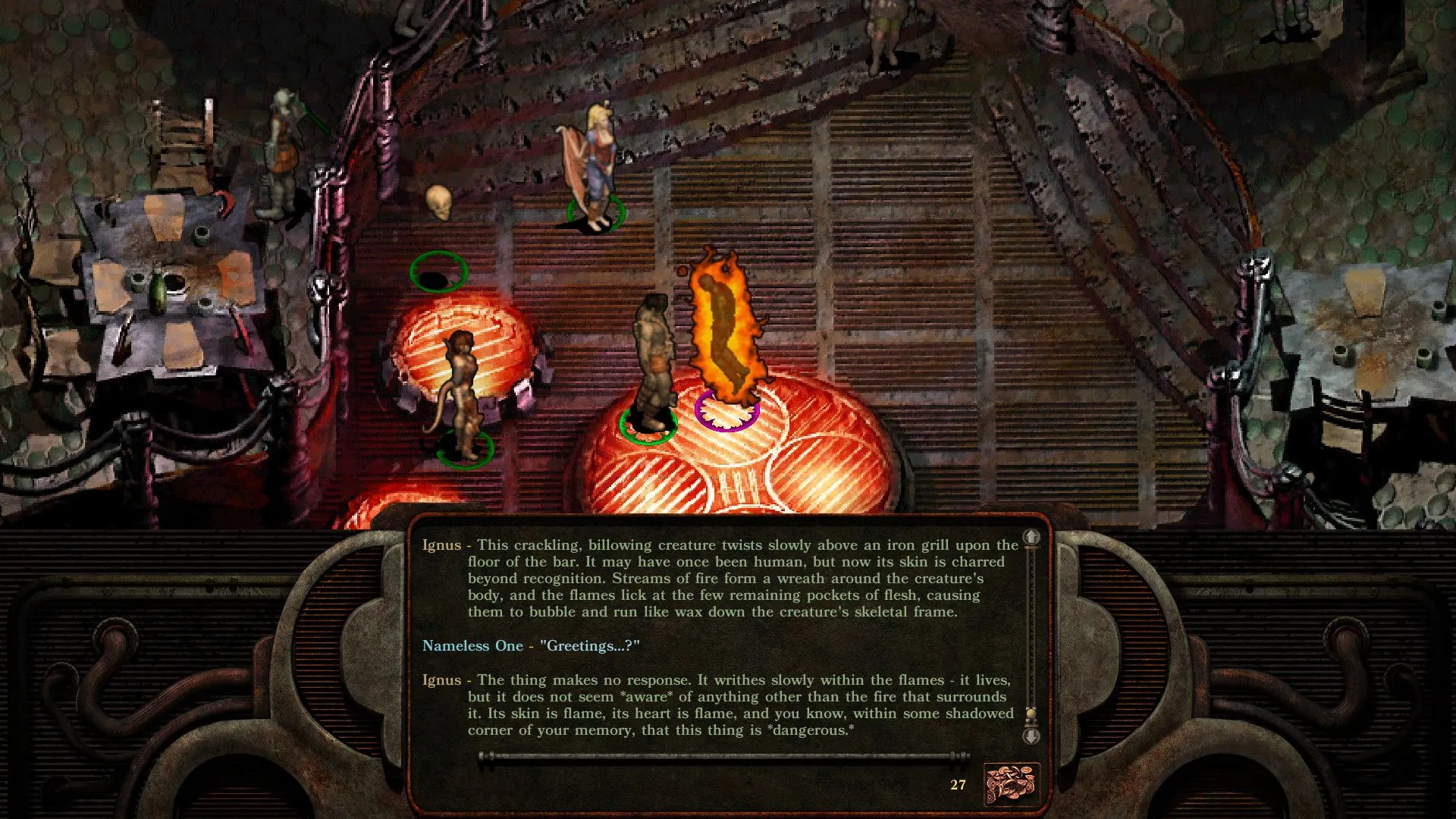Màn hình đối thoại từ Planescape: Torment: Enhanced Edition, minh họa sự tự do lựa chọn trong game CRPG