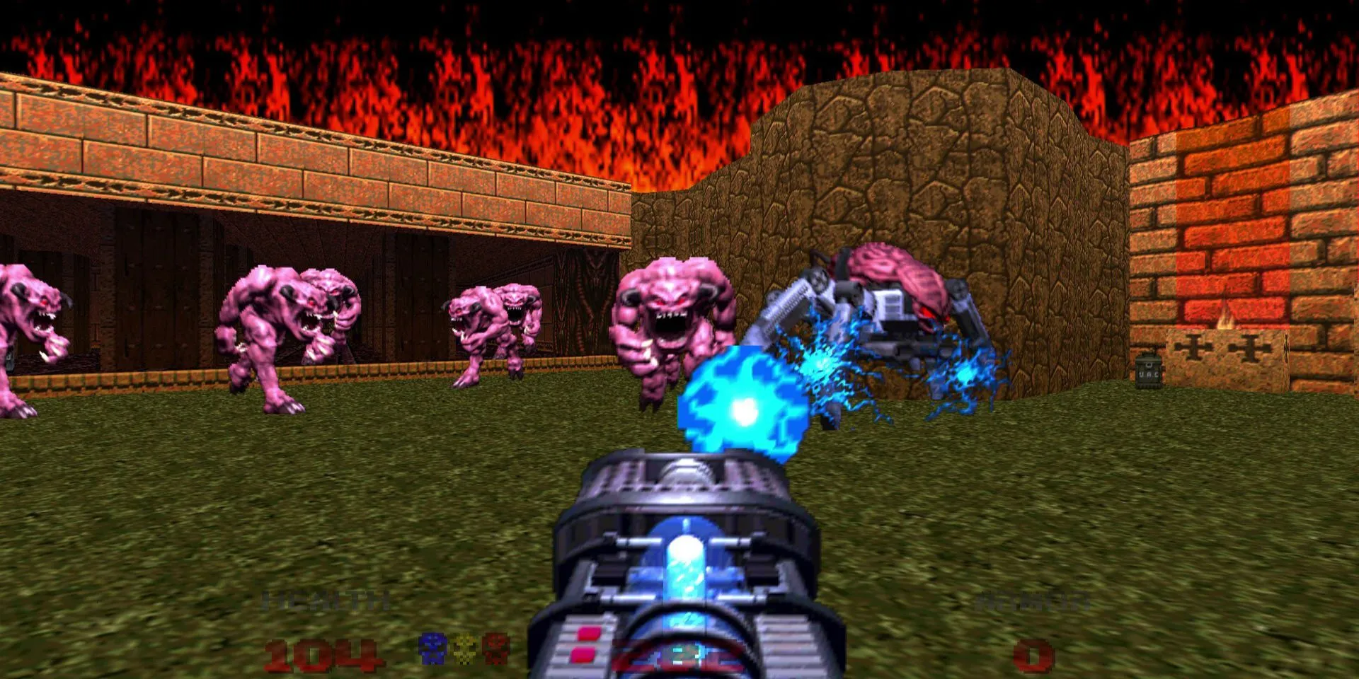 Màn hình game DOOM 64 hiển thị không khí u ám và thiết kế cấp độ tập trung vào giải đố.
