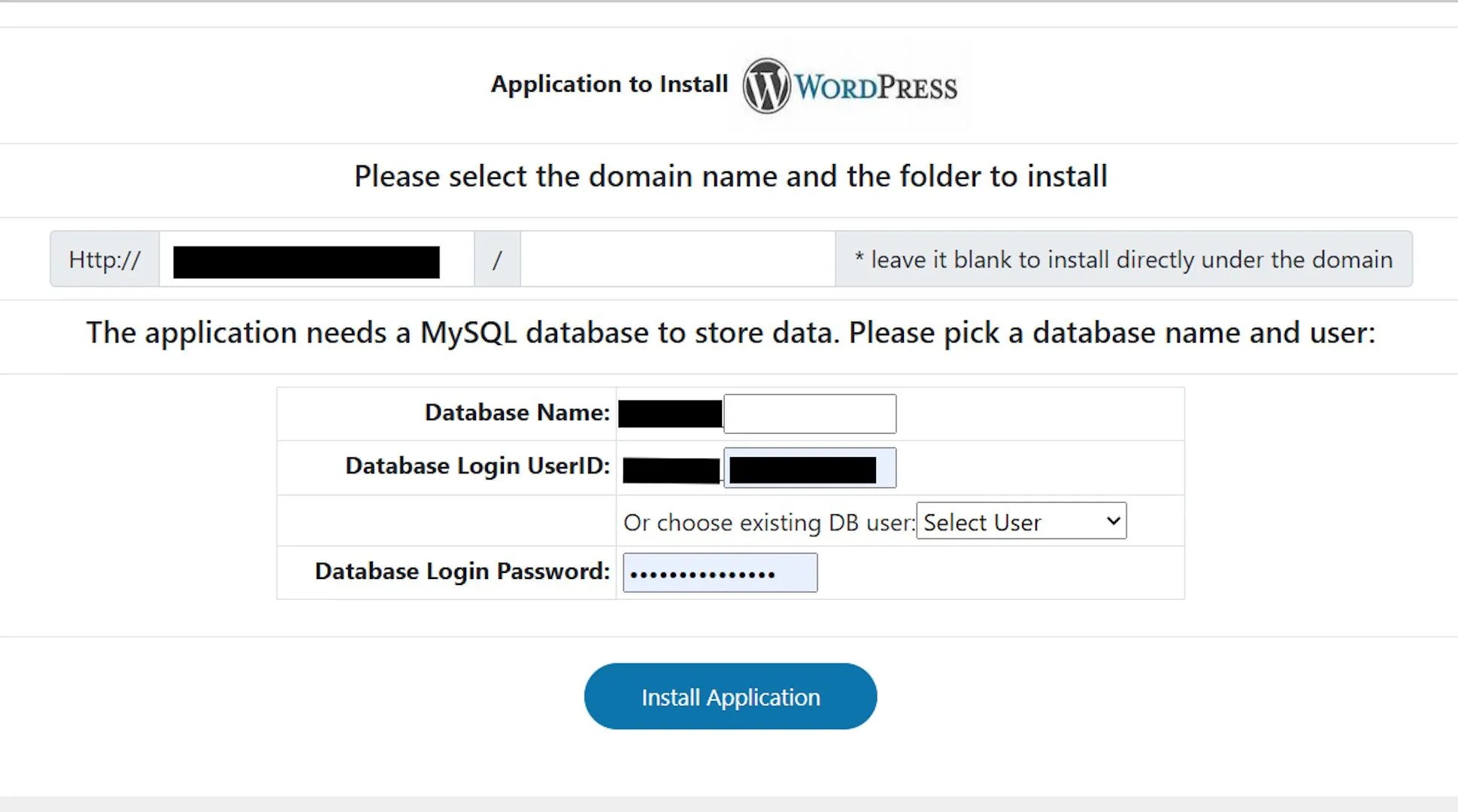 Màn hình hướng dẫn cài đặt WordPress trên Free Domain, hiển thị các trường nhập thông tin cơ sở dữ liệu.