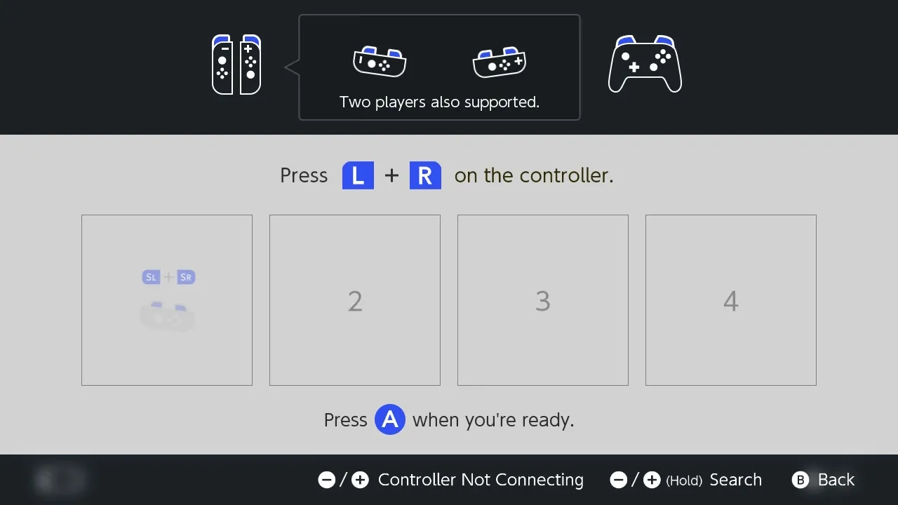 Màn hình hướng dẫn đồng bộ tay cầm Joy-Con với Nintendo Switch yêu cầu nhấn nút L và R