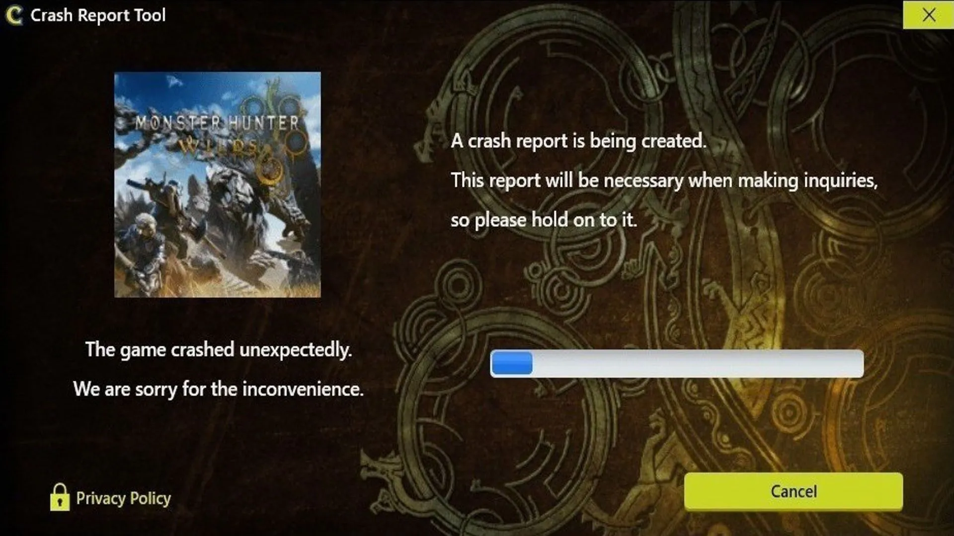 Màn hình lỗi hiển thị tình trạng crash game trong Monster Hunter Wilds, minh họa vấn đề hiệu suất phổ biến ở các tựa game mới ra mắt.