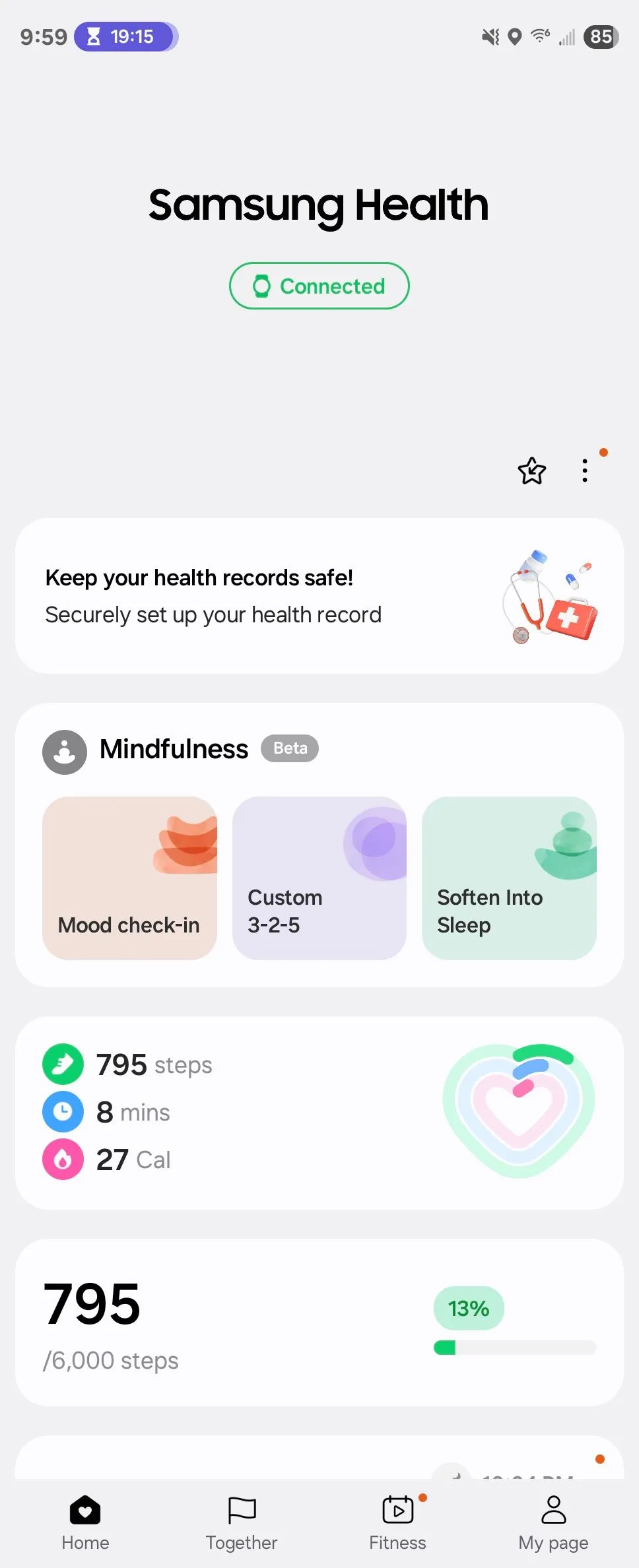 Màn hình phần Mindfulness trong ứng dụng Samsung Health, hiển thị các tùy chọn thiền và luyện thở