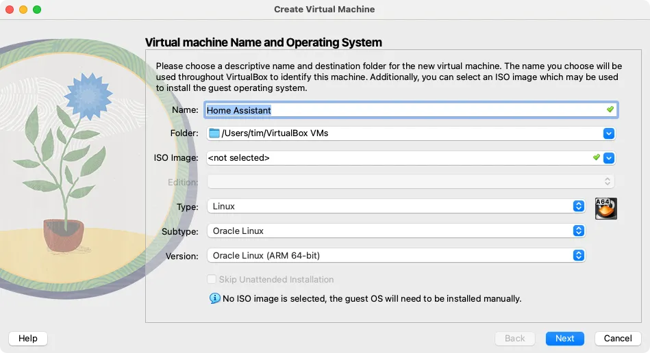 Màn hình tạo máy ảo mới trong VirtualBox, nhập tên &quot;Home Assistant&quot;, chọn loại Linux và Oracle Linux (ARM 64-bit).