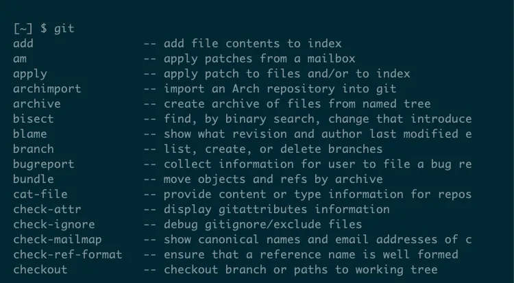 Màn hình terminal hiển thị danh sách các subcommand của Git như 'add', 'blame', 'checkout' khi người dùng gõ 'git' và nhấn Tab.