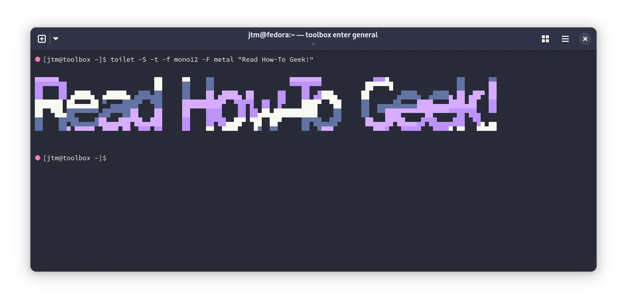 Màn hình terminal Linux hiển thị đầu ra của lệnh 'toilet' với văn bản 'Read How-To Geek' ấn tượng
