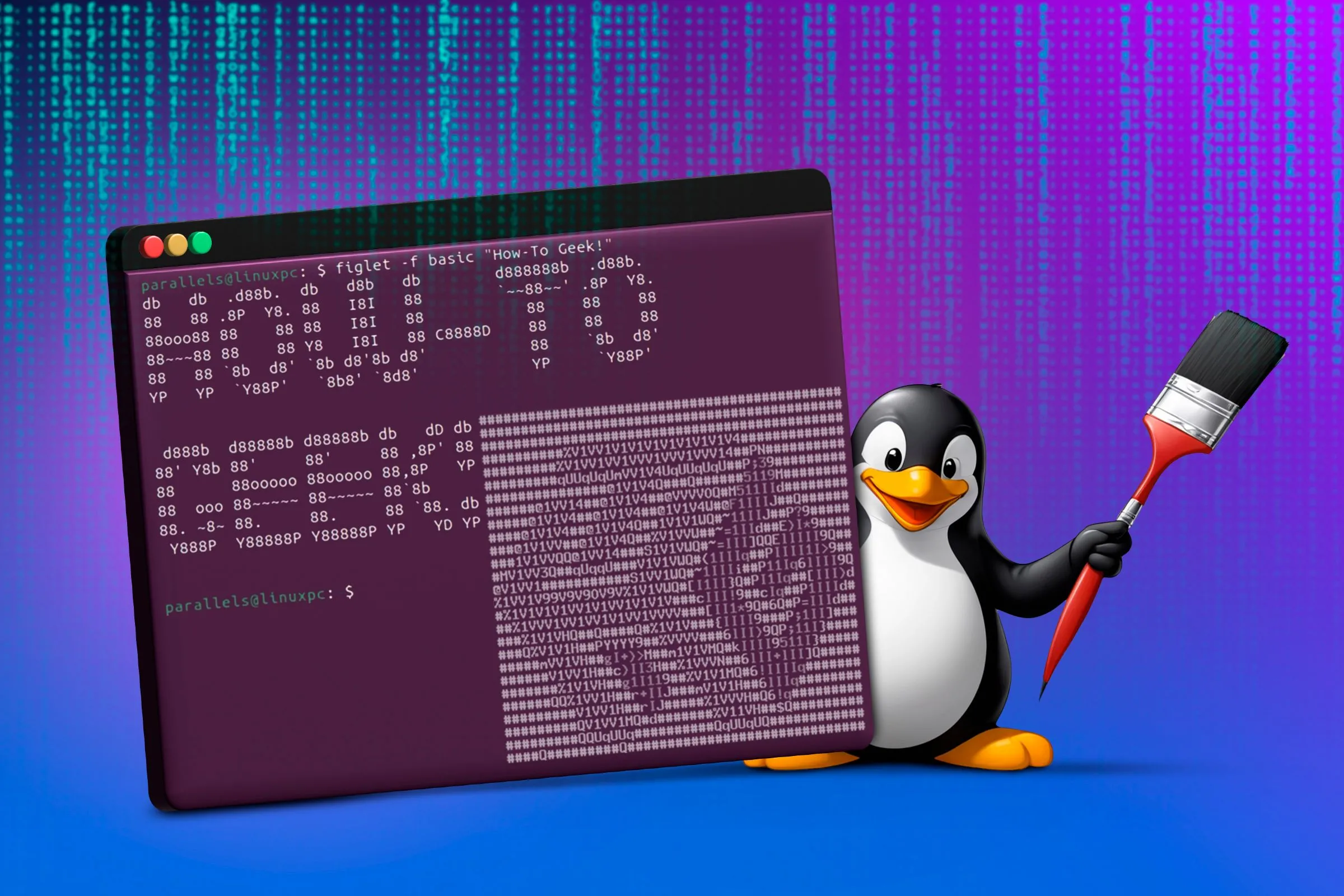 Màn hình terminal Linux với chú chim cánh cụt Tux cầm cọ vẽ ở phía sau, tượng trưng cho khả năng tùy biến giao diện mạnh mẽ của Linux.