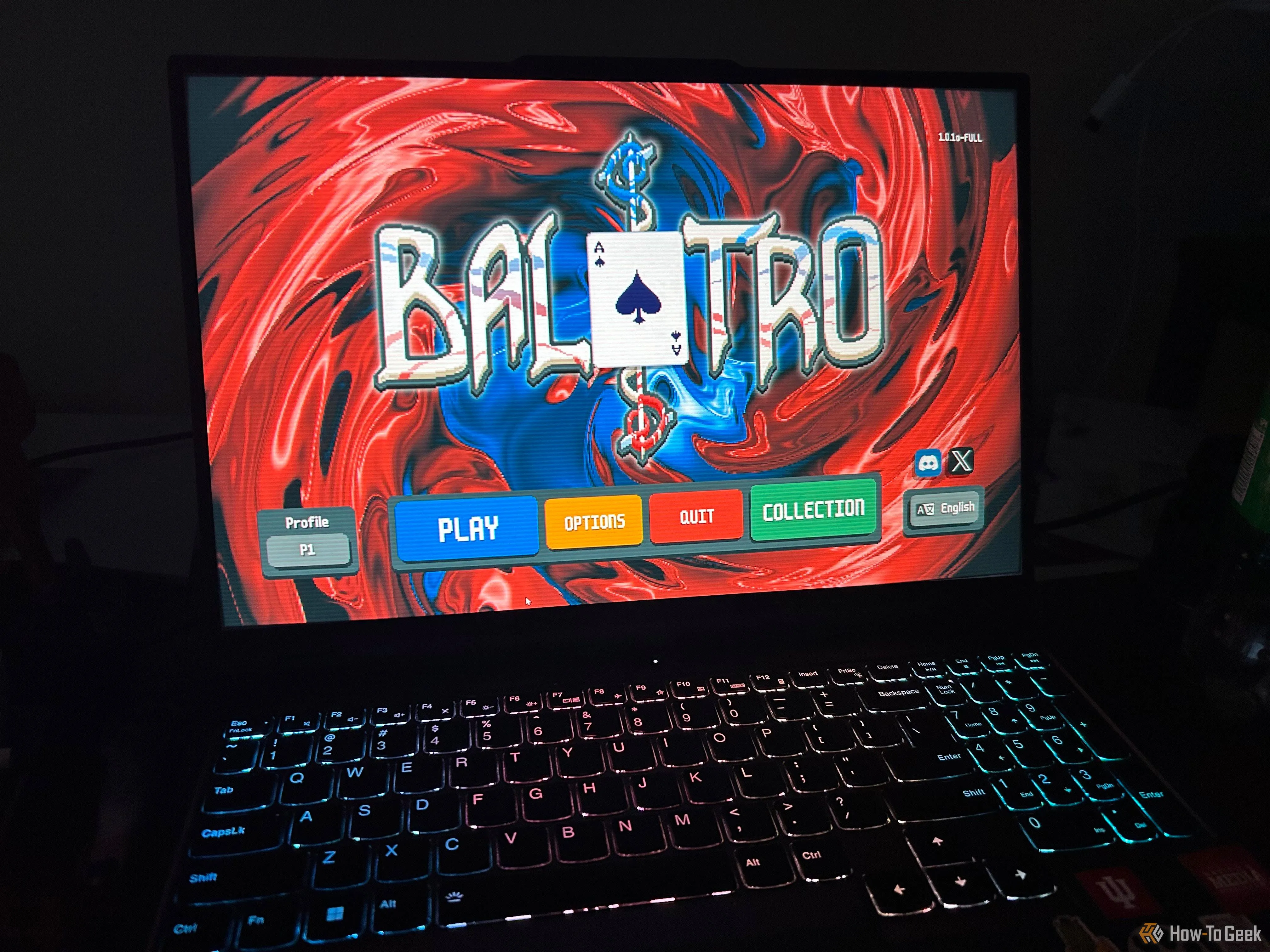 Màn hình tiêu đề Balatro hiển thị giao diện game bài roguelike với các yếu tố poker.