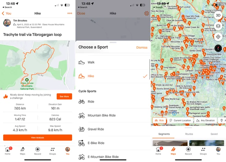 Màn hình ứng dụng Strava trên iPhone, hiển thị khả năng theo dõi đa dạng các hoạt động thể chất, là công cụ hữu ích để kết nối gia đình qua các thử thách sức khỏe.