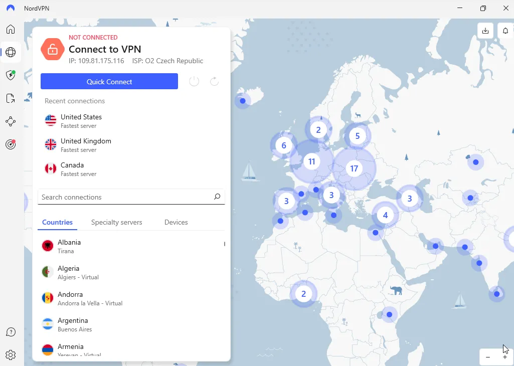 Màn hình VPN của NordVPN với bản đồ tương tác và danh sách các quốc gia, khu vực máy chủ
