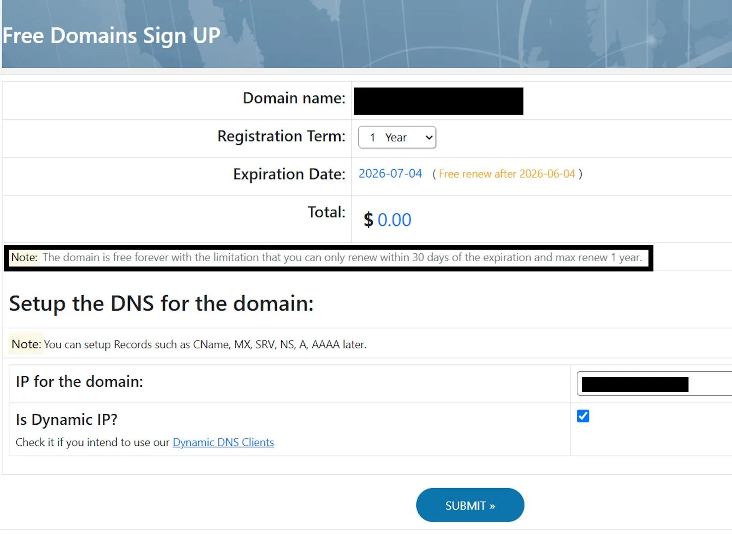 Màn hình xác nhận đăng ký tên miền miễn phí trọn đời (Free Domain Name Registration for Life) trên Free Domain.