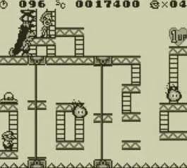 Mario đối đầu Donkey Kong trong một màn chơi phức tạp của game Donkey Kong 1994 trên Game Boy