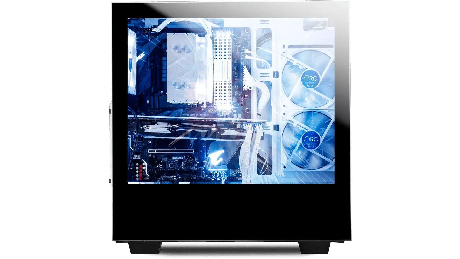 Mặt bên của case iBuyPower Snowblind S với màn hình hiển thị trong suốt để lộ linh kiện PC