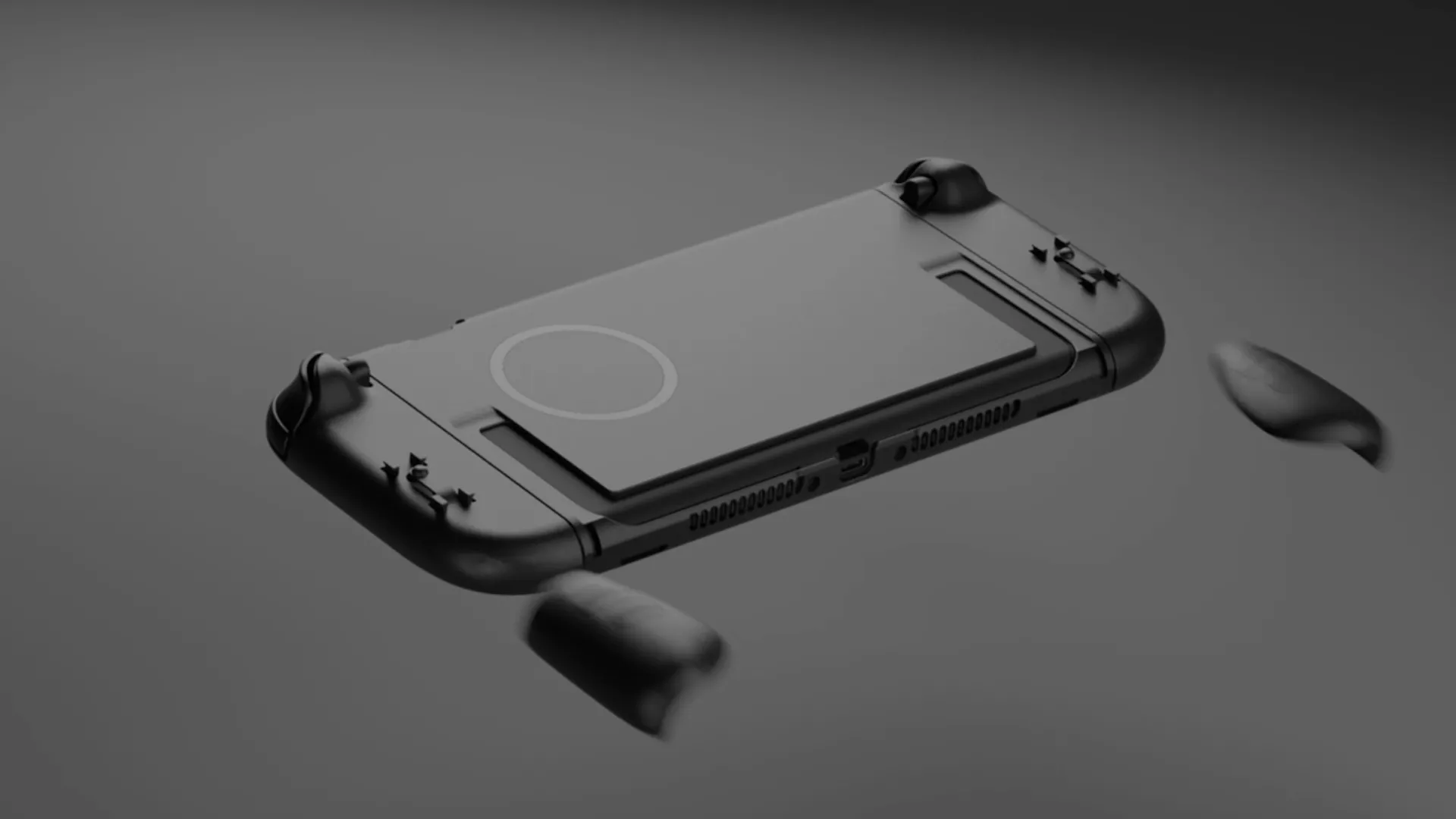 Mặt lưng của Nintendo Switch 2 theo mô hình Genki, với vòng tròn bí ẩn trên ốp lưng gợi ý khả năng hỗ trợ sạc không dây Qi2.