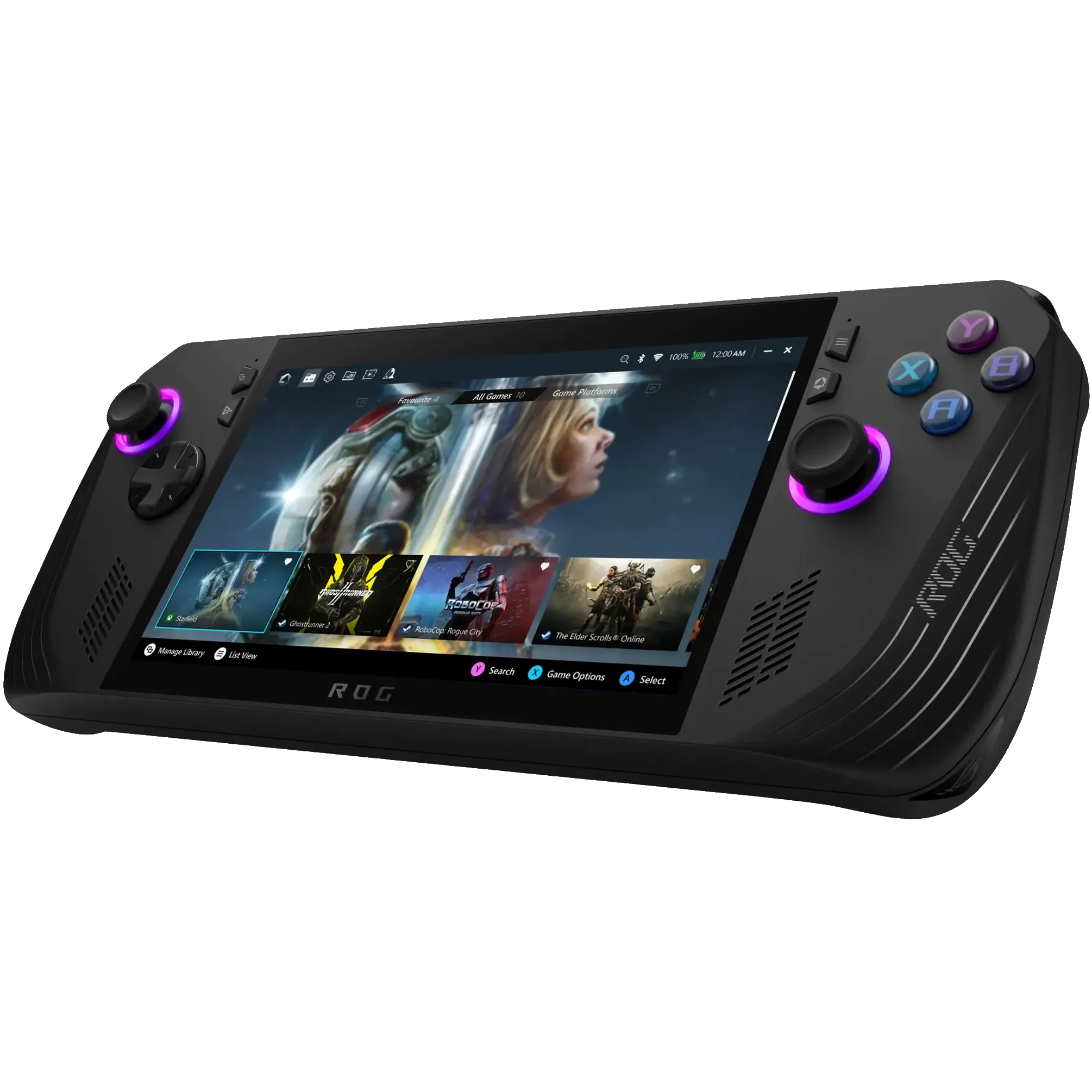 Máy chơi game PC cầm tay ROG Ally X với màu đen tuyền, hiển thị màn hình và các nút điều khiển.