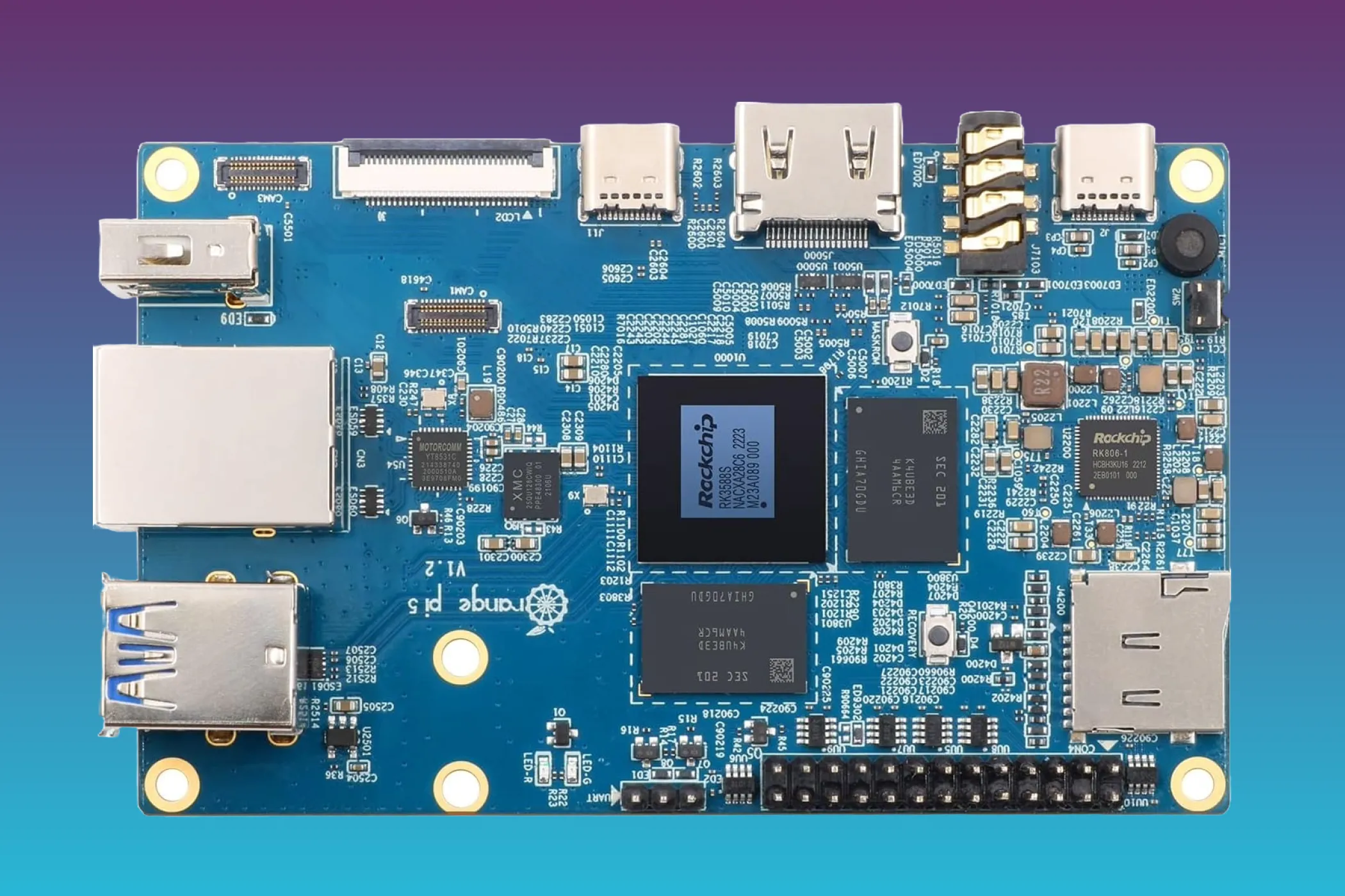 Máy tính bo mạch đơn Orange Pi 5 trên nền tím, được tối ưu cho hệ điều hành Linux và các dự án DIY.