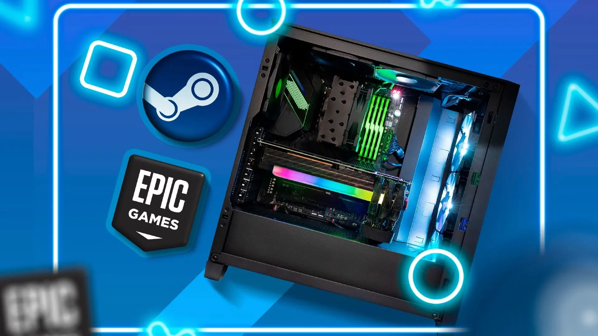 Máy tính gaming cùng logo Epic Games và Steam, biểu trưng cho sự cạnh tranh khốc liệt giữa hai nền tảng game PC lớn