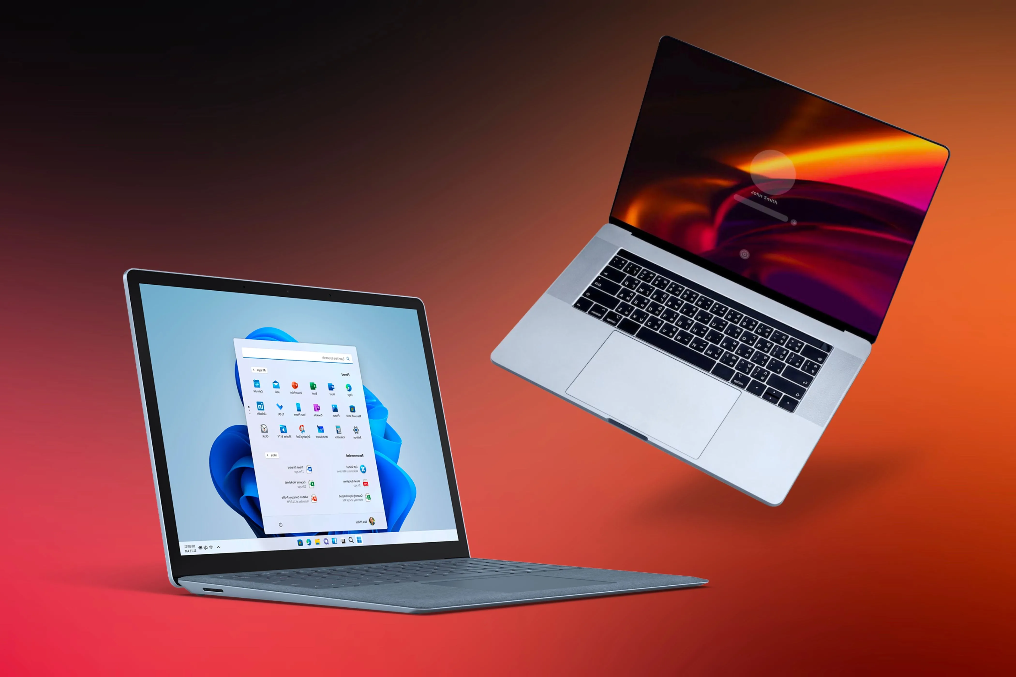 Máy tính Windows và MacBook đặt cạnh nhau, tượng trưng cho lợi ích khi sử dụng dịch vụ Apple trên đa nền tảng.