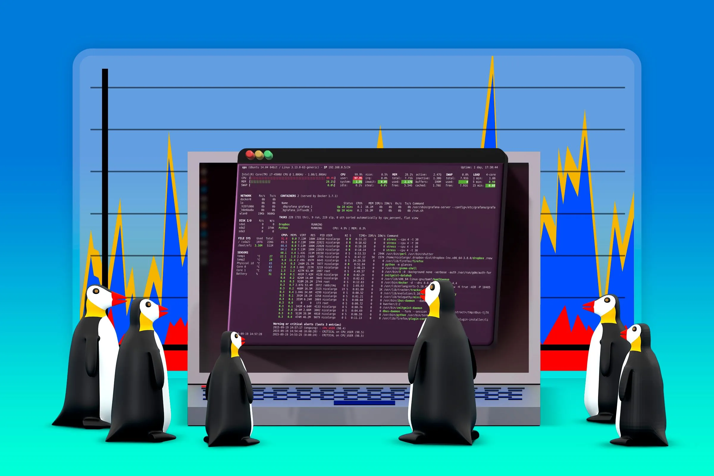Máy tính xách tay Linux hiển thị cửa sổ Terminal đang mở, với những chú chim cánh cụt vây quanh và biểu đồ hiệu suất, tượng trưng cho khả năng tinh chỉnh hệ thống mạnh mẽ.