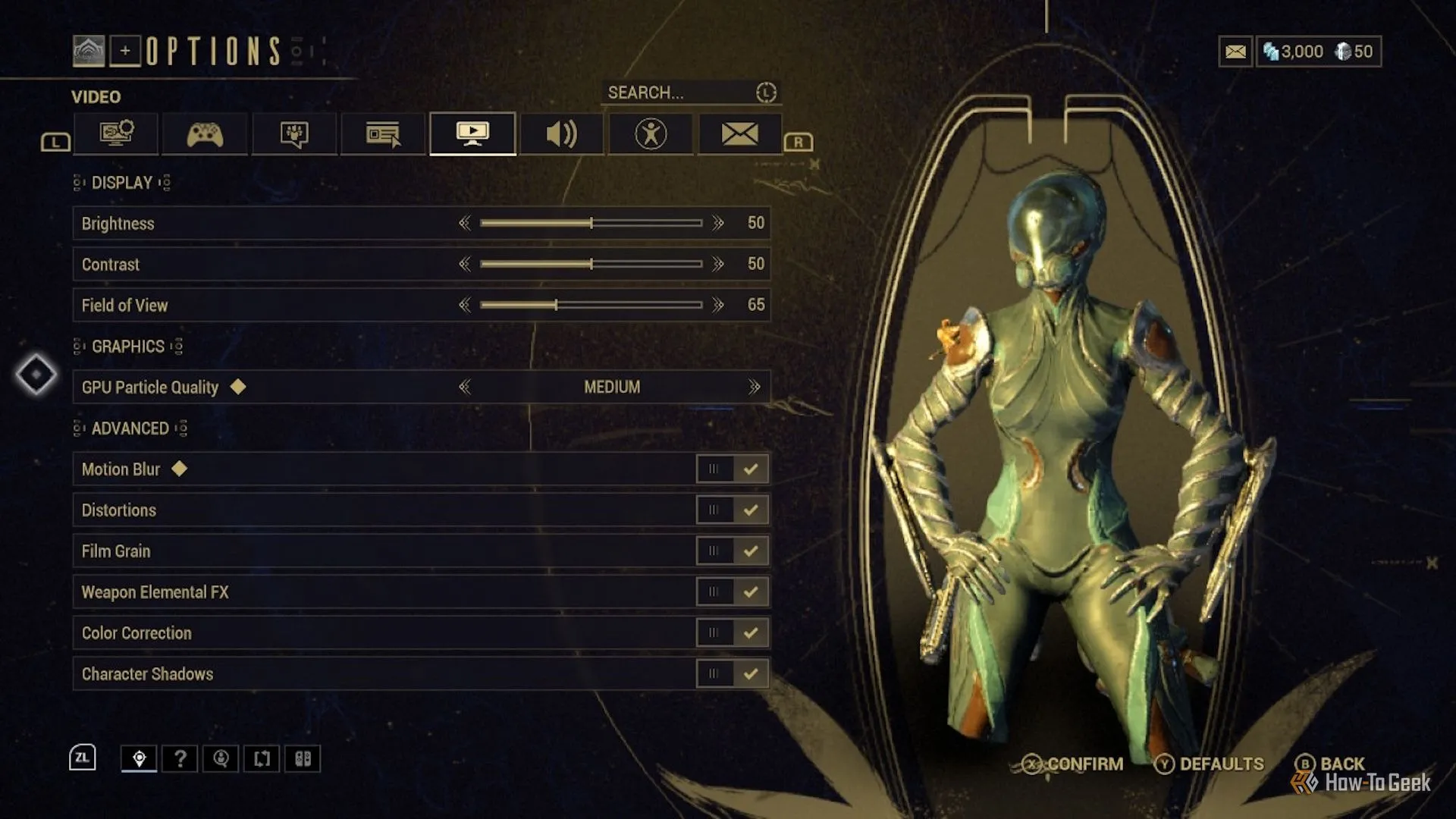 Menu cài đặt đồ họa nâng cao trong Warframe trên Switch