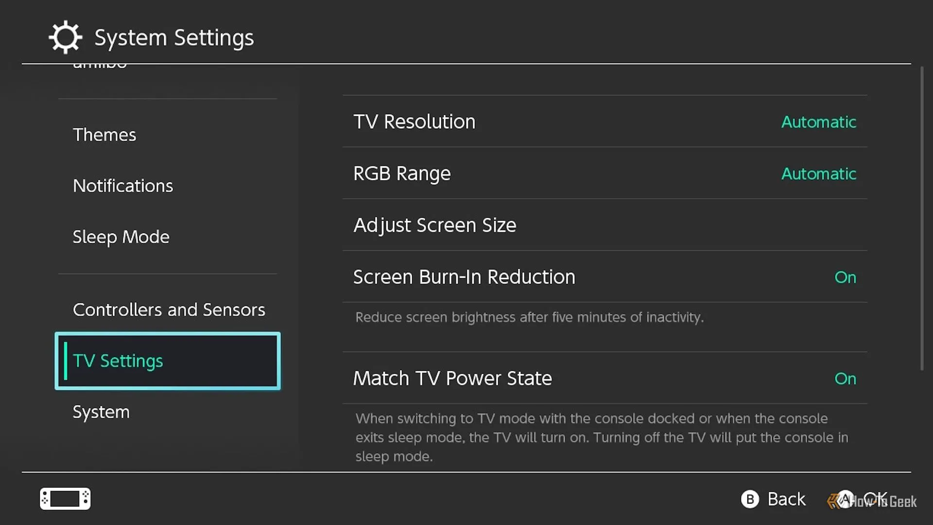 Menu cài đặt TV trên Nintendo Switch