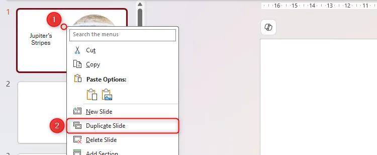 Menu chuột phải trên một slide trong ngăn hình thu nhỏ của PowerPoint được mở rộng, với tùy chọn &quot;Nhân đôi Slide&quot; được chọn, giúp tạo nhanh bản sao cho việc thay đổi góc nhìn mô hình 3D.