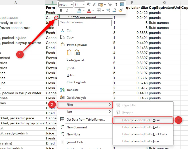 Menu chuột phải trong Excel hiển thị tùy chọn &quot;Filter By Selected Cell's Value&quot; để lọc dữ liệu nhanh chóng