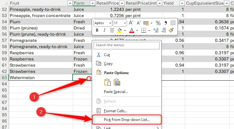 Menu chuột phải trong Excel hiển thị tùy chọn &quot;Pick From Drop-Down List&quot;, giúp chọn giá trị từ danh sách thả xuống tạm thời