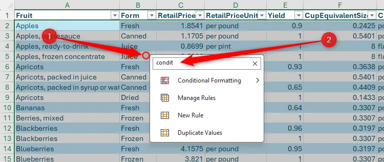 Menu chuột phải trong Excel mở rộng với ô tìm kiếm, hiển thị kết quả &quot;Conditional Formatting&quot; khi gõ một vài chữ cái