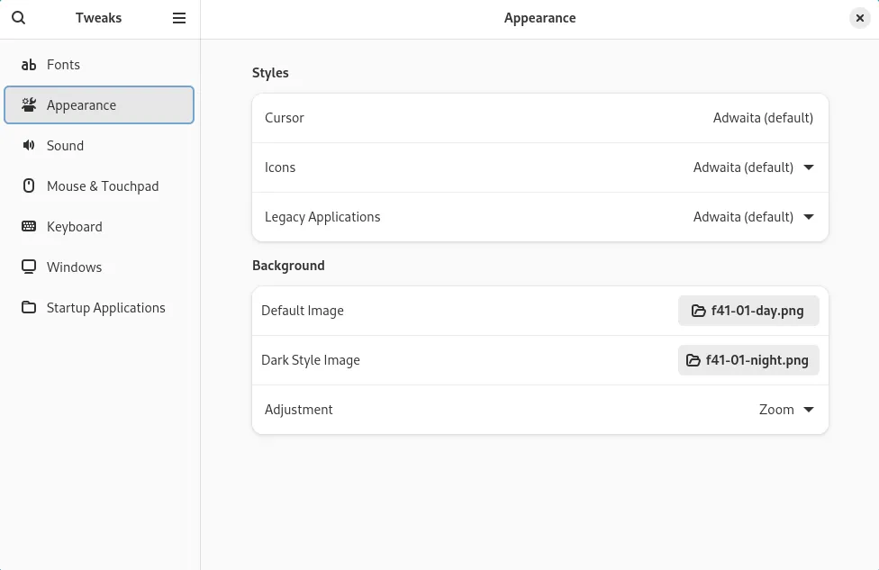 Menu giao diện (Appearance) trong ứng dụng GNOME Tweaks để tùy chỉnh Fedora