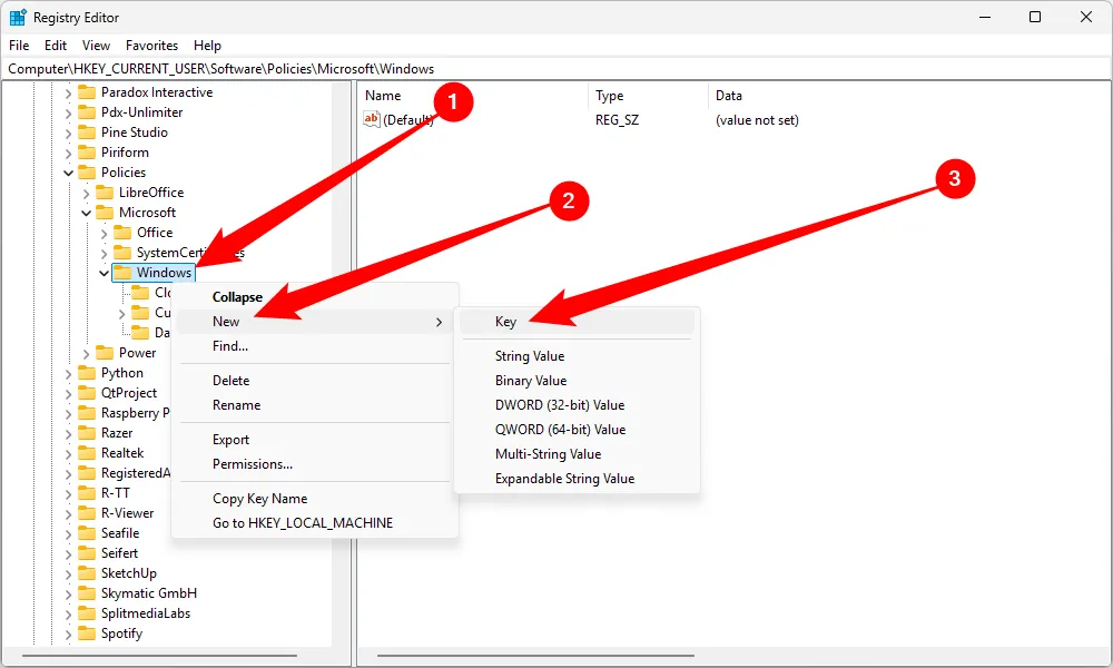 Menu ngữ cảnh hiển thị tùy chọn tạo khóa Registry mới trên Windows 11.
