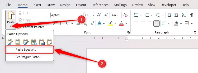 Menu &quot;Paste&quot; trong Microsoft Word, hiển thị tùy chọn &quot;Paste Special&quot; để dán dữ liệu nâng cao.