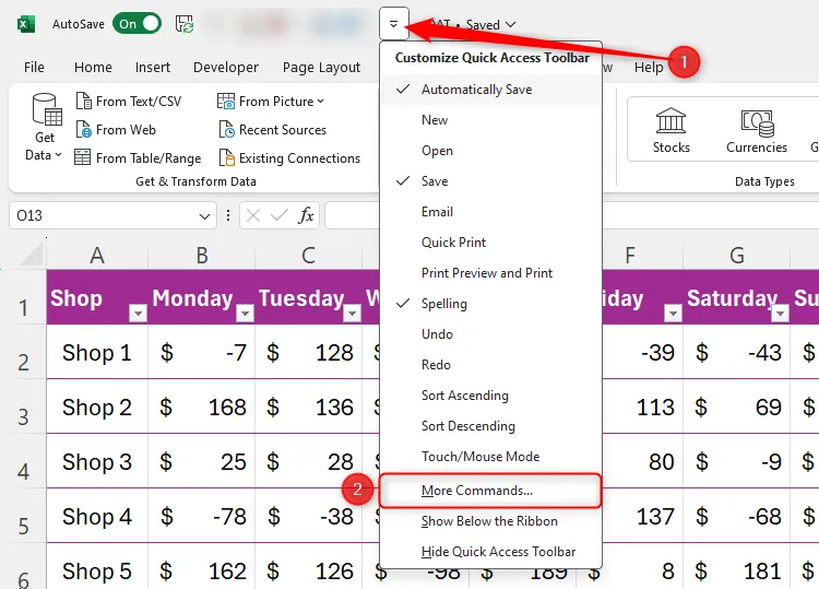 Menu thả xuống &quot;Customize Quick Access Toolbar&quot; trong Excel với tùy chọn &quot;More Commands&quot; được chọn để thêm công cụ.